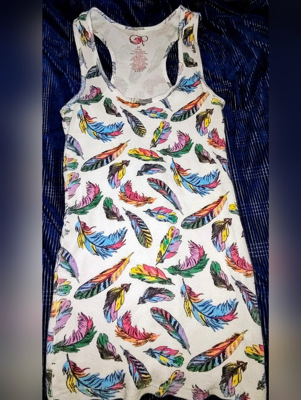 OP White Ribbed Tank Top with Multicolor Feather Print Vintage Y2K Tank